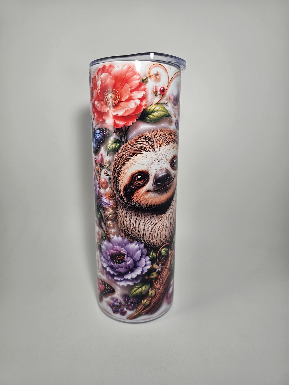 Floral Sloth Stainless Tumbler - Pink, Purple, Green